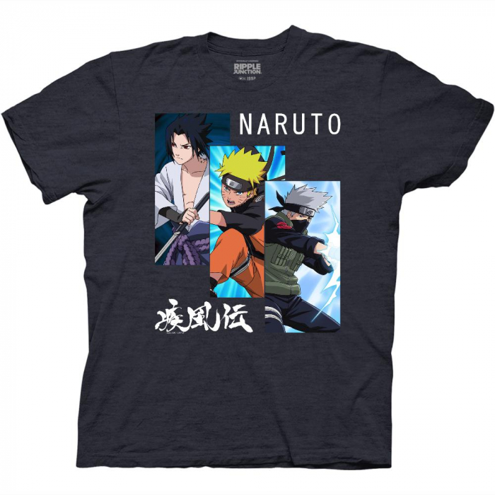 Naruto Shippuden - Sasuke Naruto and Kakashi Panel Heather Navy T-Shirt L