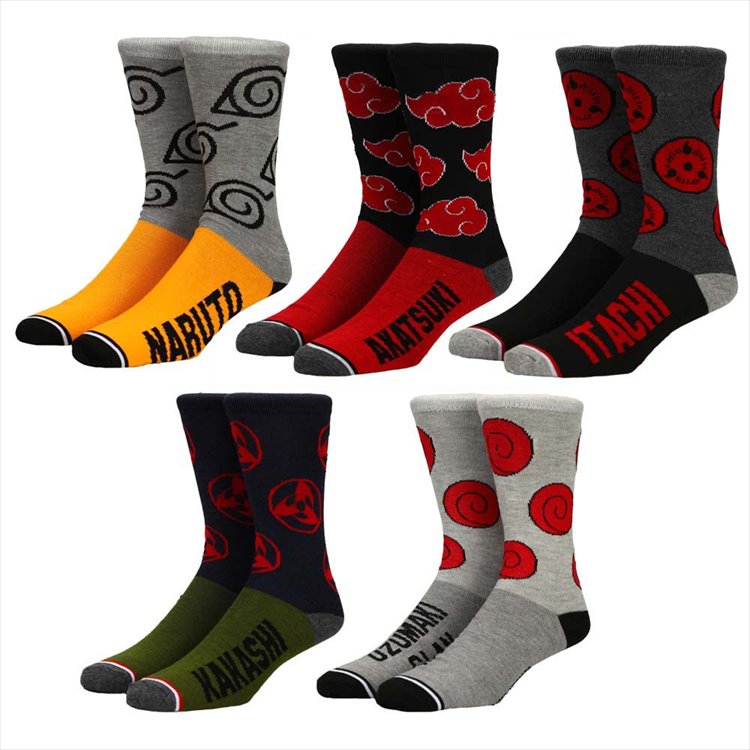 Naruto Shippuden - Split Color 5 Pair Crew Socks - Click Image to Close