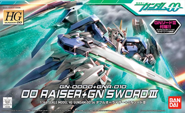 Gundam 00 - 1/144 HG GN-0000 + GNR-010 00 Raiser + GN Sword lll Model Kit - Click Image to Close