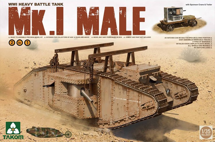 Takom - 1/35 WWI Heavy Battle Tank Mk. I Male with Crane and Flat Trailer - Click Image to Close